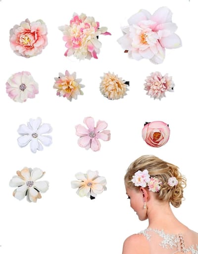 12-delige set bohemien haaraccessoires met kunstbloemspeldjes voor vrouwen en meisjes, ideaal voor strand, bruiloft en feesten, in wit en roze