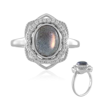 Cavill - Elegante Damesring - 925 Sterling Zilver Platina Geplateerd - Roze Minary Labradoriet 1 895 ct Ovaal - 30 Pavé Zirkonia
