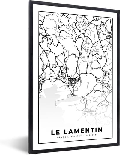 Fotolijst incl. Poster Zwart Wit- Stadskaart – Frankrijk – Kaart – Le Lamentin - Plattegrond - Zwart wit - 40x60 cm - Posterlijst