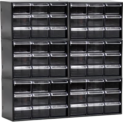 Plasticforte Sorteerbakjes spijkers/schroeven - 54x lades - 18.5 x 10 x 12 cm - opbergkastjes - ophangbaar - zwart/transparant