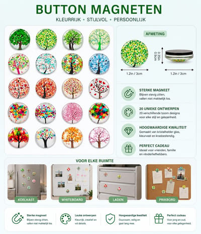 20 Stuks Levensboom Magneet Kinderen - Glazen Koelkastmagneten voor Magneetbord, Whiteboard en Prikbord - Decoratief Cadeau