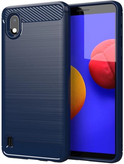 Cadorabo Hoesje geschikt voor Samsung Galaxy A10 / M10 in BRUSHED BLAUW - Beschermhoes van flexibel TPU siliconen in roestvrij staal-carbonvezel look Case Cover