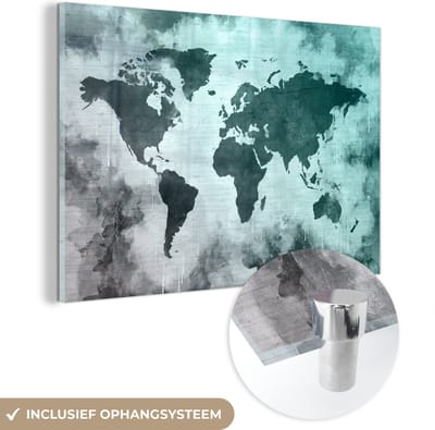 ® Glasschilderij 150x100 cm - Schilderij acrylglas - Wereldkaart - Grijs - Blauw - Foto op glas - Muurdecoratie woonkamer - Wanddecoratie slaapkamer - Schilderijen