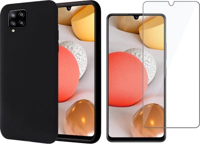 Hoesje geschikt voor Samsung A42 - Siliconen Case Cover Hoes Zwart + Screen Protector Glas