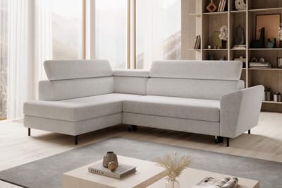 hoekbank cozy- lounge links- structuurstof- hoeksalon met bed en opbergruimte left- zetelsenbedden