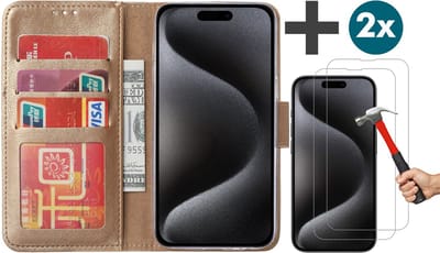 Hoesje met 2 Stuks Screenprotectors Geschikt voor iPhone 15 Pro – Arara bookcase met pasjeshouder - Goud
