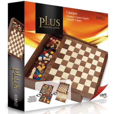 Cayro 5 Spellen in 1 - Schaken, Dammen, Backgammon, Parchís en Ganzenspel - 2 Omkeerbare Houten Borden - Koning 6,35 cm - 2-4 Spelers - Vanaf 5 Jaar - Cayro Collection