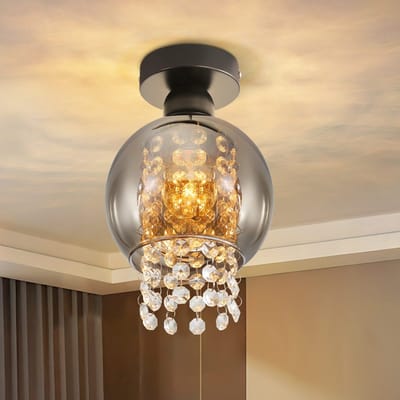 NETTLIFE Plafondlamp E27 - Kristal - Rookgrijs - 1-Lichts - met Glas Lampkap - Moderne Plafondverlichting - voor Eetkamer | Slaapkamer | Woonkamer - Max.40W-excl. lichtbron