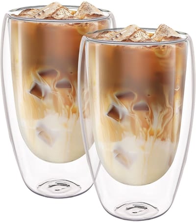 Set van 2 latte macchiato-glazen, 450 ml, dubbelwandige glazen, zweefeffect, dubbelwandige koffieglazen voor latte macchiato, cappuccino, bier, melk, thee