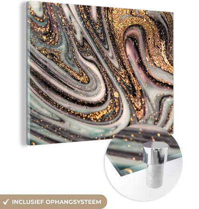 MuchoWow® Glasschilderij 160x120 cm - Schilderij acrylglas - Marmerlook - Goud - Glitter - Luxe - Marmer - Wit - Foto op glas - Schilderijen