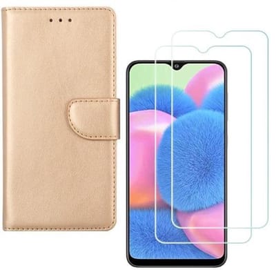 hoesje Geschikt voor: Samsung Galaxy A30S Portemonnee Goud met 2 stuks Glas Screen protector