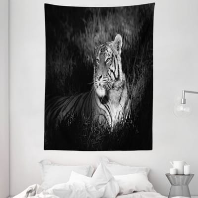 ABAKUHAUS Zwart-wit wandtapijt en sprei, Bengaalse tijger, 110 x 150 cm, zwart-wit