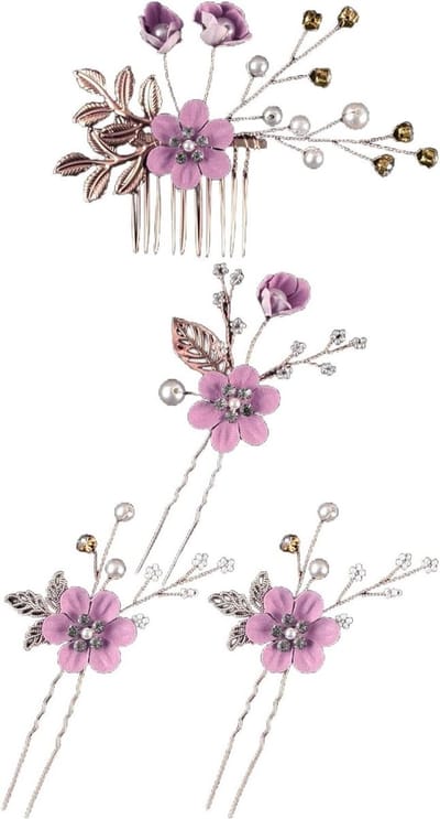 Elegante Haaraccessoires voor Bruiloft: 4 Stuks Haarclips met Parels en Bloemen voor Bruiden en Bruidsmeisjes, Paars en Stijlvol