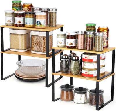 Stapelbare Bamboe Planken Set - Multifunctionele Organiser voor Keuken en Badkamer - 2 Niveaus voor Ruimtebesparing