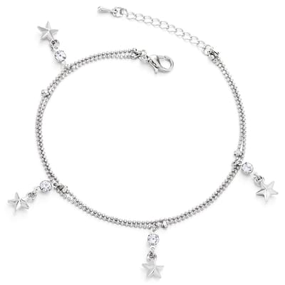 Allecto - Enkelbandje - Dames Enkelbandje met Bedels - Verstelbaar - Messing - Strass - 22-26 cm - Geschikt voor Dames - Met Pentagram en Ster