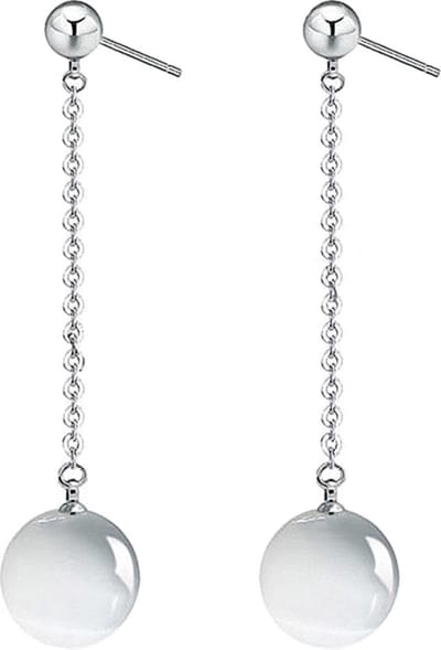 Edelstenen oorbellen Silver Dangling White Cat's Eye - oorsteker - wit - kattenoog - luxe sieraden zakje - oorknopjes - oorbellen dames - witte oorbellen
