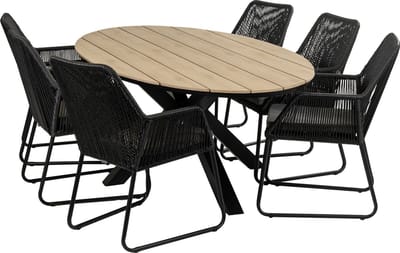 7-delige tuinset | 6 Mona tuinstoelen (Black) | 220cm ovale Cyprus tuintafel (Wood)