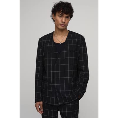 Windowpane Checked Collarless Regular Fit Wrap Blazer | Black | Size 44