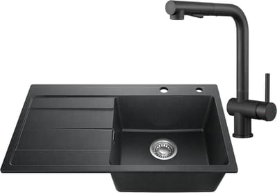 SOFETIY MAX Granieten Spoelbak 78x45CM Zwart - Spoelbakken Keuken Met Keukenkraan met Uittrekbare uitloop - Spoelbak Met Planchet en Afdruiprek - Spoelbakken Incl. Sifon en Afvoerzeefje