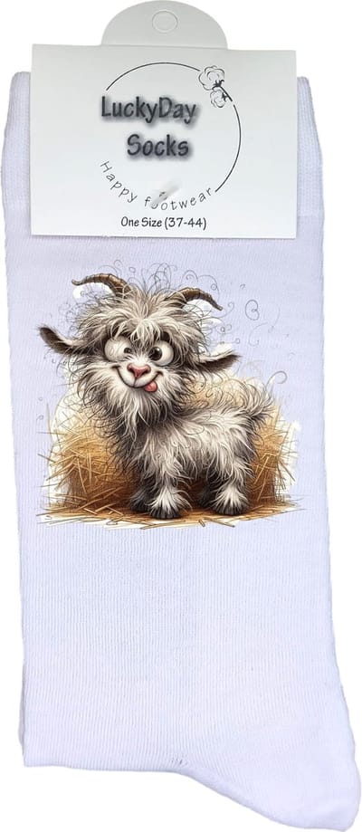 Geit - Verjaardags cadeau - Grappige sokken - Print sokken - Leuke sokken voor heren en dames - Moederdag - Vaderdag - Cadeau voor hem en haar - Kerstcadeau - Vrolijke sokken - Valentijns cadeau - Hooi - Sokken waar je vrolijk van wordt - Maat 37-44