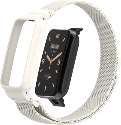 By Qubix - Milanese loop bandje met case - Wit - Geschikt voor Xiaomi Smart Band 7 Pro / Mi Band 7 Pro bandje