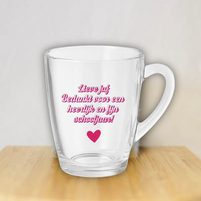 Juf cadeau – Glazen theemok 300ml met tekst Lieve juf bedankt – Juf bedankt cadeau – Mok voor juf