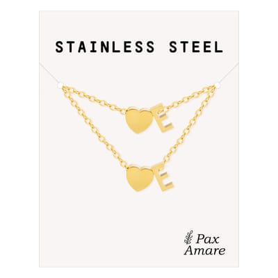 Initiaal Ketting & Armband set met Letter E Goudkleurig - Stainless Steel - Met letter & Hartje! - Naam Ketting Cadeau - Sieraden Set op Kaartje - Pax Amare
