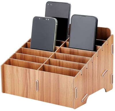 Dailygoods- Telefoon Organizer 14 Vakken - Houten Bureau Organizer - Creatieve Bureauaccessoires - Duurzaam Kantoorartikel - Chocoladekleur - Hoogwaardig Materiaal