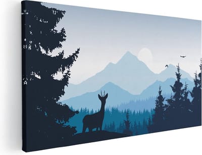 Artaza Canvas Schilderij Hert - 40x20 cm - Klein - Wanddecoratie Bos - Muurdecoratie Bergen - Schilderijen Op Canvas Natuur - Blauw