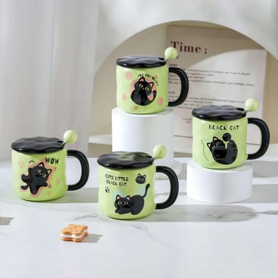Zwarte Kat met Deksel Lepel Keramische Beker Cartoon Grote Capaciteit Waterbeker Kantoor Drinkwaterbeker Huishouden Eenvoudige Beker Koppelsbeker 400ML gray