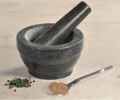 Granieten Vijzel Ø 16 cm met Stamper van Graniet | Fijnstampen en vermalen van Kruiden of  maken van Dressings | Materiaal: Graniet | Afm. 16 x 16 x 8,5 Cm.