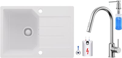 Anycee MAX Granieten Spoelbak 65x45CM - Spoelbakken Keuken Wit - Wasbak Keuken Met Lagedruk Keukenkraan en Zeepdispenser - Spoelbak Met Planchet en Afdruiprek - Spoelbakken Incl. Sifon en Afvoerzeefje
