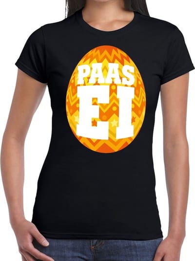 Zwart Paas t-shirt met oranje paasei - Pasen shirt voor dames - Pasen kleding S