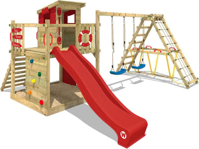 Wickey Smart Surf Speeltoestel - Dubbele schommel met Glijbaan en Klimaanbouw - Speelhuisje & Evenwichtsbalk - 404x457x240 cm - Rood