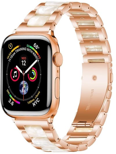 RVS bandje met keramiek - geschikt voor Apple Watch 1/2/3/4/5/6/7/8/9/10/11/ SE (1,2,3) met maat 38 mm / 40 mm / 41 mm en 42 mm (Watch 10/11) - stalen band met vlindersluiting - rosegoud wit