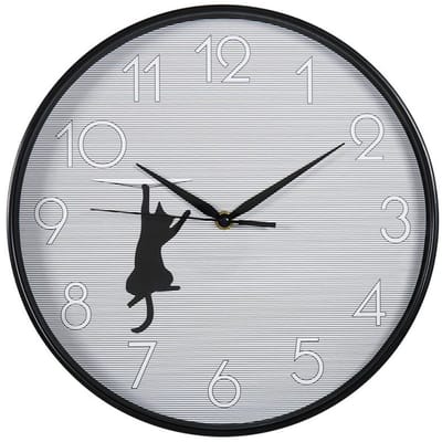Ostaria Wandklok/muur klok - glurende kat - D30 cm - kunststof - zwart - keuken/kamer