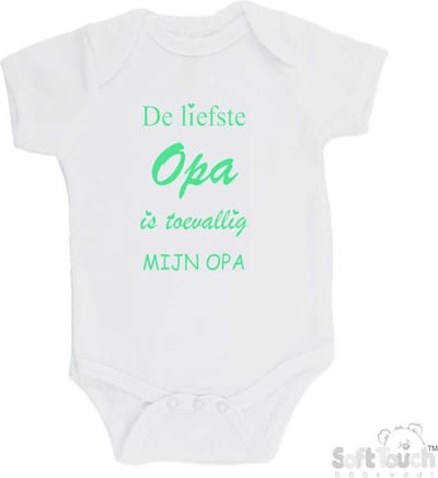 100% katoenen Romper "De liefste opa is toevallig mijn opa" Unisex Katoen Wit/mint Maat 62/68