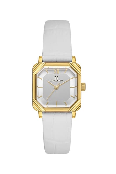 Daniel Klein DK.1.14154-2 - Horloge - Polshorloge - Analoog - Dames - Vrouwen - Leren band - Metaal - Agerond vierkant - Romeinse cijfers - Strepen - Wit - Goudkleurig - Zwart