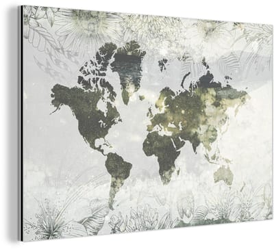Aluminium schilderij 150x100 cm - Wanddecoratie metaal - Wereldkaart - Bloemen - Geel - Metalen muurdecoratie woonkamer - Decoratie industrieel - Foto op dibond - Industriële accessoires slaapkamer