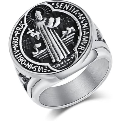 Europese en Amerikaanse Retro Sint Benedictus Exorcist Merk Titanium Staal Herenring 9#