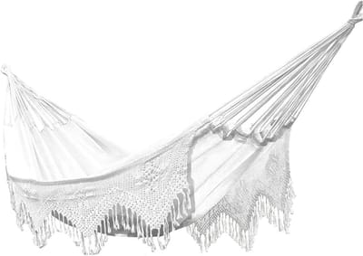Hangmat met Kwastjes - Buitenhangmat Kampeerhangmat - Ontspannen in de Natuur - Visstaart Breisel - 240x160cm - Boho