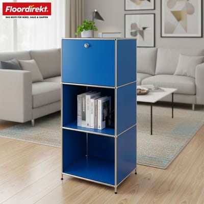 FLOORDIREKT Metalen Rek Concept Epure MK-107 - Opbergrek Met 4 Verdiepingen - Afsluitbaar Vak & Legplanken - 50 x 121 x 40 cm - Blauw -Verkrijgbaar in Verschillende Kleuren - Metalen Rek in Modern Design - Rek Voor Woonkamer, Kantoor & Hal