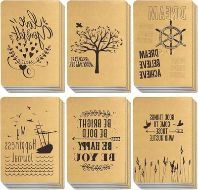 Set van 24 gelinieerde notitieboeken van kraftpapier in 6 verschillende designs; ideaal voor kantoor, school en thuisgebruik (80 pagina's, 10 x 14,5 cm)