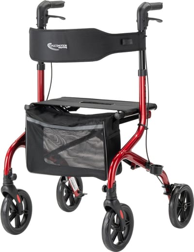MultiMotion® Rollator Lumo Rood - Lichtgewicht (slechts 5,9 kg) en opvouwbaar - Inclusief rugsteun en wandelstok houder - Voor binnen en buiten