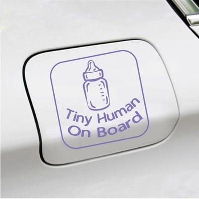Bumpersticker - Tiny Human On Board - 14 X 14 - Paars