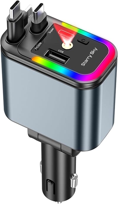5-in-1 intrekbare autolader, sigarettenaansteker USB C met sterrenhemelprojector, mobiele telefoon snelle autolader, sigarettenaansteker, USB compatibel met iPhone/Samsung Galaxy/Hua Wei/Tablet