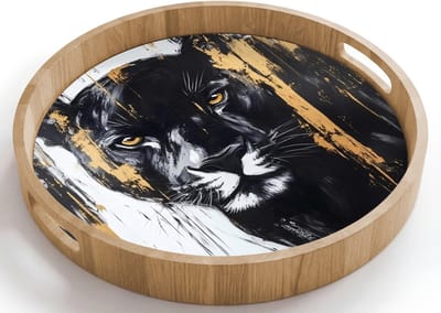 Dienblad rond 40x40 cm - Schootdienblad hout - Panter - Zwart - Abstract - Verfstreken - Borrelplank rechthoek - Plateau houten dienbladen