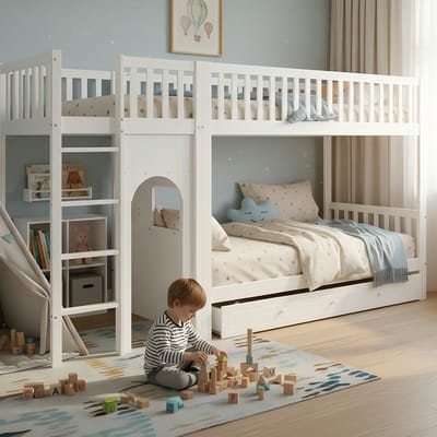 MODFU Stapelbed 90x200 cm – Met rechte viertrapsladder & rondom valbeveiliging – Boogdesign – Massief hout – Wit/naturel