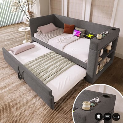 Sweiko Slaapbank - 90*190cm - met Uitschuifbaar bed - USB/Type-C - Bekerhouder - Linnen - Grijs