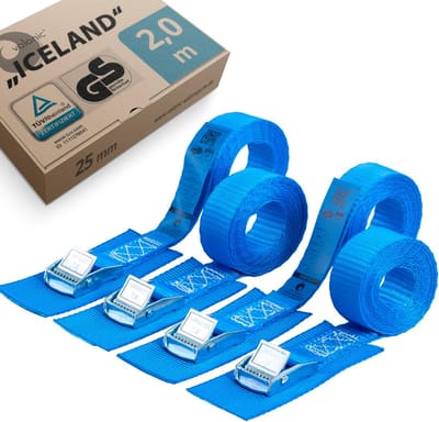 Set van 4 Spanbanden met Klemgesp - 200 cm x 25 mm - 250 kg Draagkracht - Blauw - TÜV Gecertificeerd voor Dakdragers en Transport